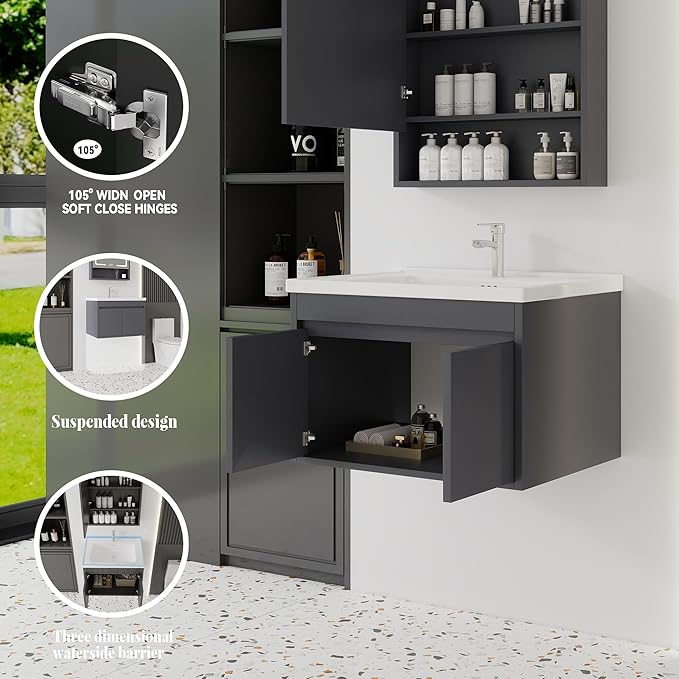 28'' Bathroom Vanity with Ceramic Sink Combo, Wall Mounted Small Bathroom Vanity with Soft-Close Door Modern Floating Cabinet, Pop-up Drain, P-Trap Included, Gray(No Faucet)