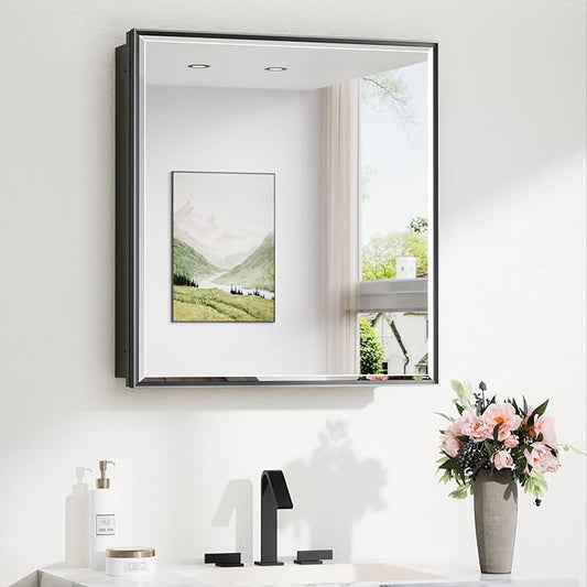 TokeShimi 24x26 Recessed Medicine Cabinet with Mirror Wall Mounted, Metal Beveled Mirror with Storage for Bathroom Vanity, Aluminum Alloy Medicine Cabinet Mirrored Black