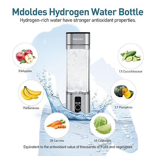 Hydrogen Water Bottle, Mdoldes, 6000ppb high Concentration Hydrogen Water, SPE/PEM Technology, Hydrogen Water Bottle Generator, Ion Water Bottle with LED Display, Best Gift 9.5 oz (Silver)