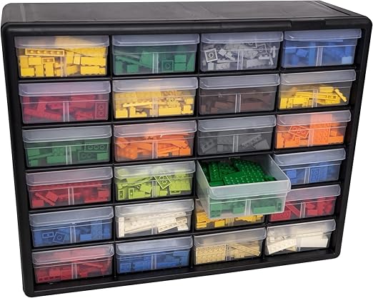 Akro-Mils 24-Drawer Plastic Drawer Storage Cabinet for Garage Organization, Bead Organizer, Building Bricks Storage, Teacher Toolbox, Makeup Organizer, 20-Inch W x 6-Inch D x 16-Inch H, 10124 Black