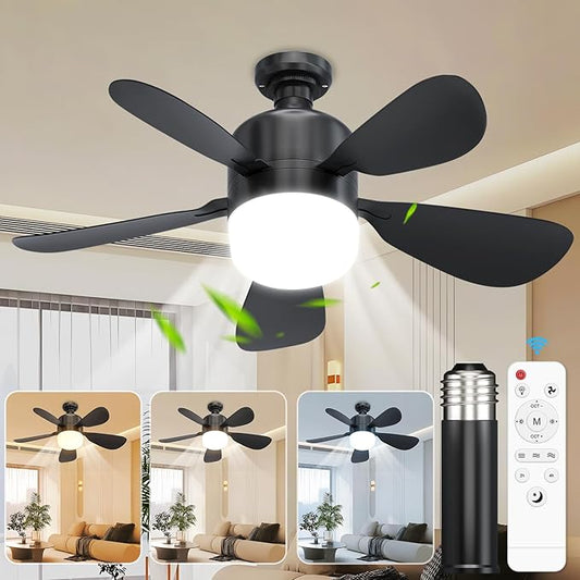 JTT Socket Fan Light with Remote - Screw in Ceiling Fan Light LED Bulb Fan with 3 Speed, 3000/4000/6000K Selectable and Adjustable Brightness Settings Socket Fan for Bedroom Living Room Kitchen Garage