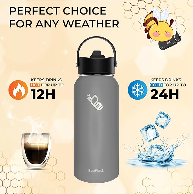 Sports Water Bottle - 32 Oz, 3 Lids (With straw), 50 Cute Stickers, Vacuum Insulated, 308 Stainless Steel, with a Portion of Sales Supporting Bee Conservation Efforts (Gray)
