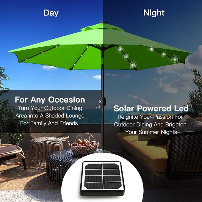 Sunnyglade 9' Solar LED Lighted Patio Umbrella with 8 Ribs/Tilt Adjustment and Crank Lift System (Grass Green)