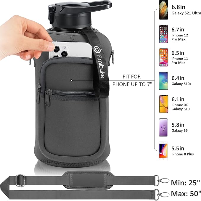 Fimibuke Half Gallon Water Bottle with Sleeve 64 OZ Water Bottle with Handle & Straw Leakproof Motivational Sports Gym Water Bottle with Time Marker BPA Free Water Jug with Reusable Neoprene Holder
