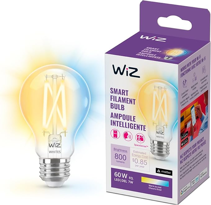 WiZ Clear 60W A19 Tunable White Filament LED Smart Bulb - Pack of 1 - E26- Indoor - Connects to Your Existing Wi-Fi - Control with Voice or App + Activate with Motion - Matter Compatible