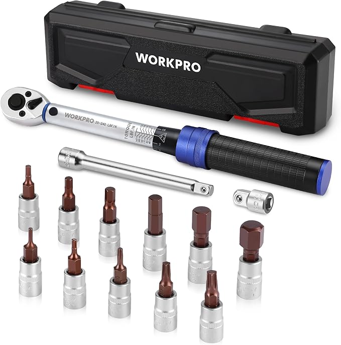 WORKPRO 1/4-inch Drive Click Torque Wrench, Inch Pound Bike Torque Wrench Set, Dual-Range 20-240 in.lb / 2.3-27.1 N.m, Lightweight Aluminum Handle, 72-Tooth, 14 Pcs, Precision for Bicycle Maintenance