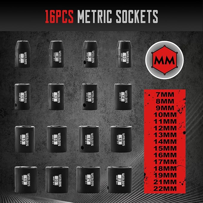 26 PCS 3/8" Drive SAE and Metric Impact Socket Set, SAE 5/16” to 7/8", Metric 7mm to 22mm, Premium Cr-V Steel, 6-Point Hex Designt,Cr-V Steel