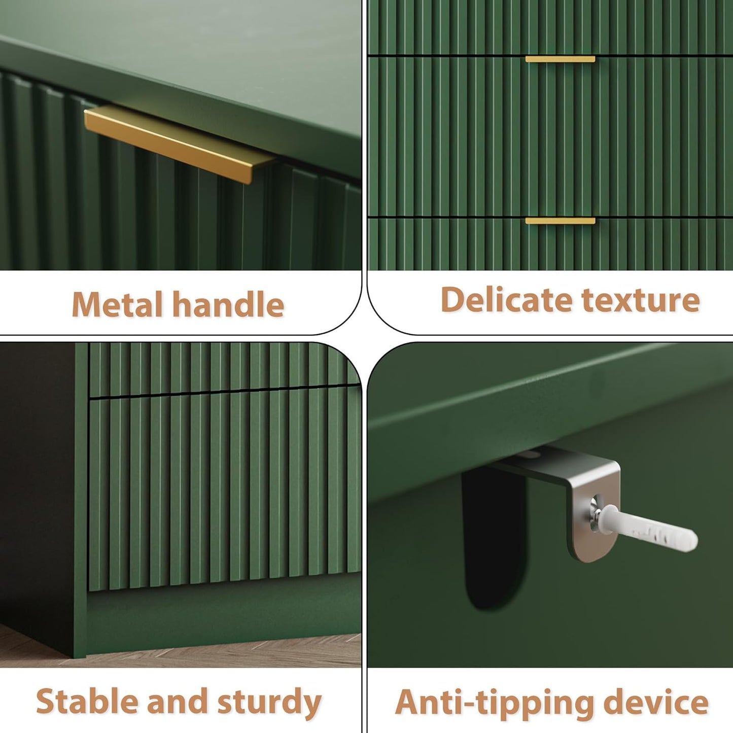 Green 7 Drawer Dresser for Bedroom, Modern Fluted Dresser with Gold Metal Handles, Wide Chest of Drawers for Bedroom, Living Room, Entryway, Hallway, 55.9" L x 15.7" D x 31.4" H