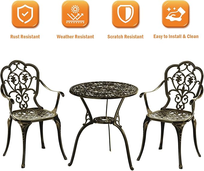 Patio Bistro Set of 2, Cast Aluminum, Outdoor Set w/Umbrella Hole, 3 Piece Table and Chairs Set, Bistro Set for Backyard/Garden/Lawn, Golden Bronze