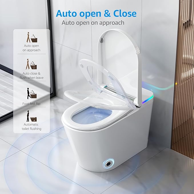 Tankless Smart Toilet with Bidet Built In, Heated Seat, Warm Water and Dry, Bidet Toilet with Foot Sensor and Night Light, Auto Flush, Auto Open/Close Lid, Wireless Remote, 1000g MAP Flush, 1.08GPF