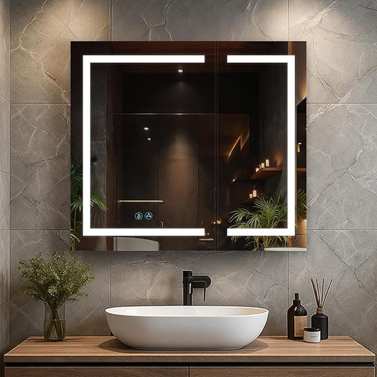 Blossom LED Mirror Medicine Cabinet with Lights, 36x32 Inch | LED Lighted Bathroom Medicine Cabinet | Recessed or Surface with Defogger, 3 Color Dimmer | Makeup Mirror | 36"x32"