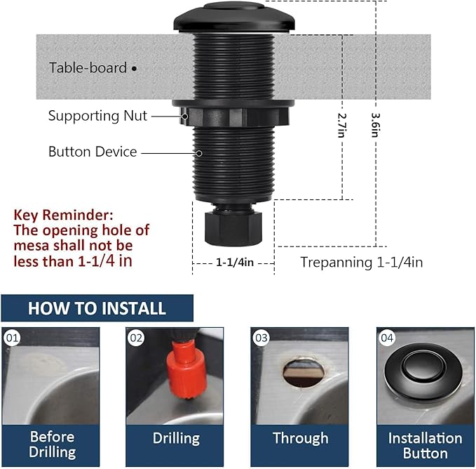 Garbage Disposal Air Switch Kit Single Outlet Sink Top Waste Disposal Long Stainless Steel Black On/Off Air Button Food and Waste Disposals Part by Etoolcity