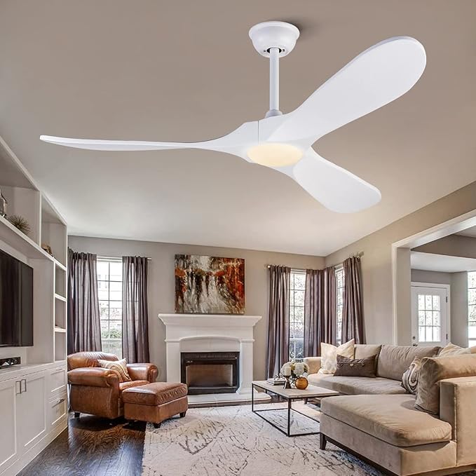 BOJUE Ceiling Fan with Lights 52 Inch Indoor Outdoor Ceiling Fan 3 Wooden Blades Remote Control with Light Modern Ceiling Fan for Terrace Living Room Bedroom (White Blades)