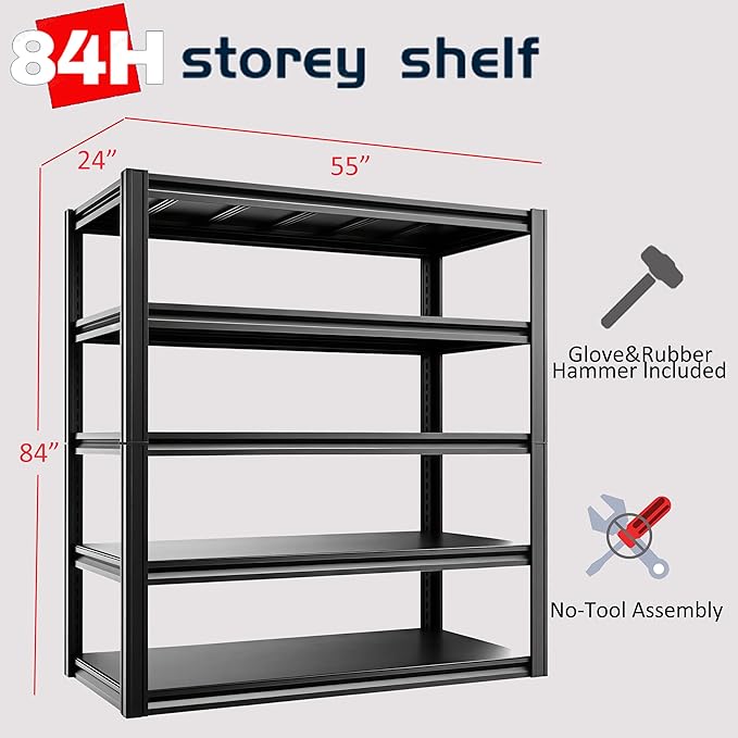 5-Tier 55" W x 24" D x 84" H Garage Shelving 3000LBS Storage Shelves Heavy Duty Metal Shelf Unit Adjustable Basement Industrial Storage Racks