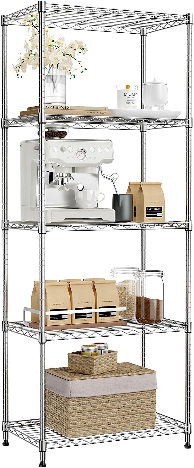 IZEUK 5-Tier Chrome Metal Storage Shelves, Adjustable Wire Shelving Unit for Kitchen, Bathroom, Pantry, Office, Garage, Organizer Wire Rack, 1250 lbs, 13.7" D x 23.6" W x 53.4" H