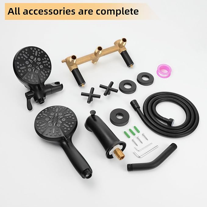 2 Handle Shower Faucet Set with Handheld Shower Head,Dual 2 in 1 Shower Head System with Tub Spout,2 Knobs Tub and Shower Faucet Set with Valve,Wall Mounted Shower Combo Set,Matte Black,3A3MK