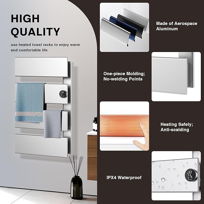 K&KALONZO Electric Towel Warmer, 18.35" W x 31" H Wall-Mounted Towel Heater with Built-in Timer, Waterproof Aluminum Towel Warmer for Bathroom, Support Plug-in and Hardwired, Silver, K4-R-S