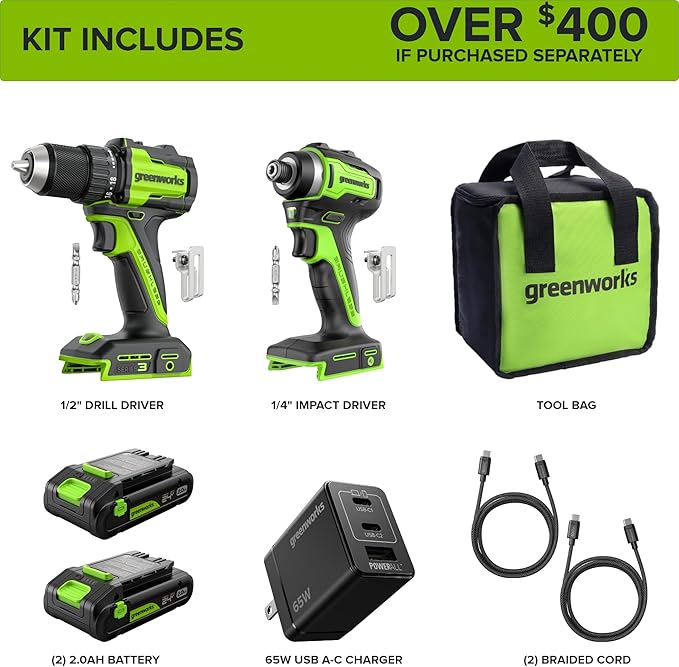 Greenworks 24V Cordless Brushless 400 in-lbs Drill/Driver+1950 in-lbs Impact Driver Combo,High Torque, Lightweight, (2) 2.0Ah USB-C Batteries(12,000mAh Power Bank) and 65W USB-C Fast Charger(3-Port)