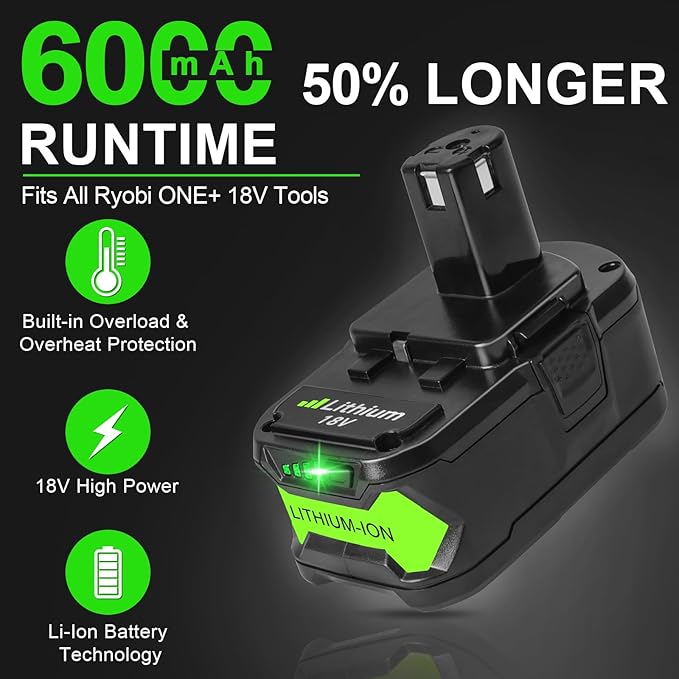 18V 6.0Ah Lithium-Ion Replacement Battery Compatible with Ryobi 18V ONE+ Tools – Works with Impact Driver PCL235B, Multi-Tool PCL430B, Circular Saw PCL500B, Vacuum Cleaner RHV18-0, Impact Wrench P262