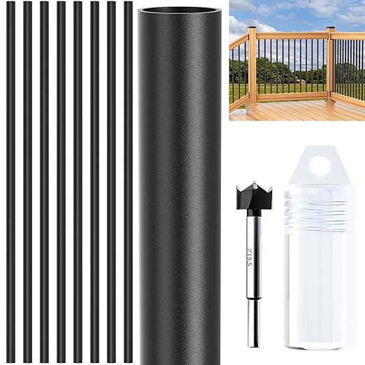 60 Pack 29-Inch Aluminum Deck Balusters, 3/4" OD Hollow Round Deck Spindle with Drill Bit, Metal Black Porch Picket for Deck Railing Fencing Outdoor Indoor Staircase