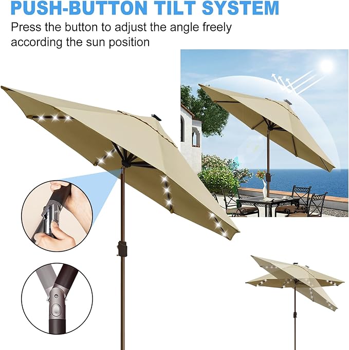 Eurmax USA 10-Year-Non-Fading 10Ft Solar Market Umbrella Outdoor Patio Umbrella Table Umbrella with LED Lights,8 Ribs,Hand Crank and Ventilation (Sand)