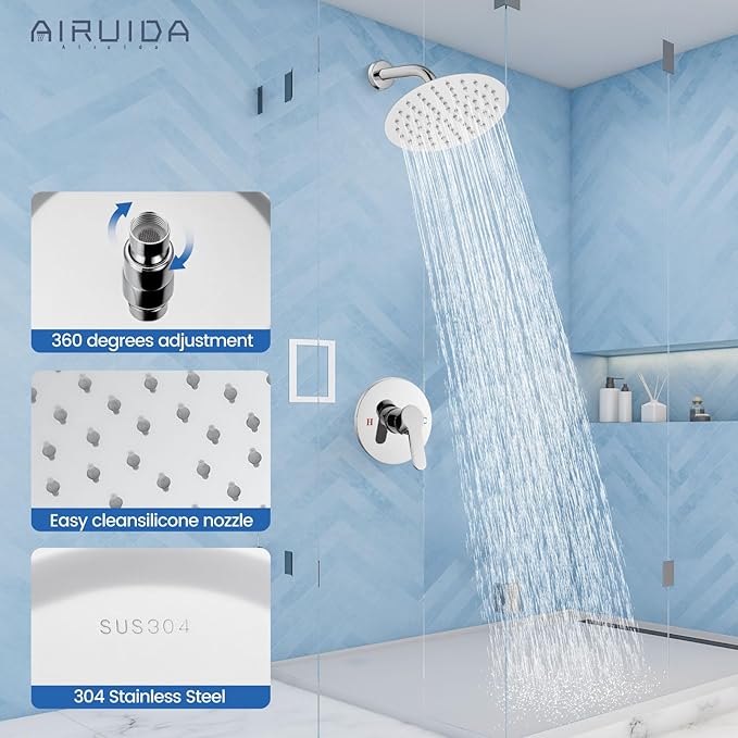 Airuida Shower Faucet Set,8 Inch Round Rainfall Shower Head,SUS304 Stainless Steel Single Handle Shower Trim Kit,Wall Mount Bathroom System with Male Threads Valve Chrome Polish