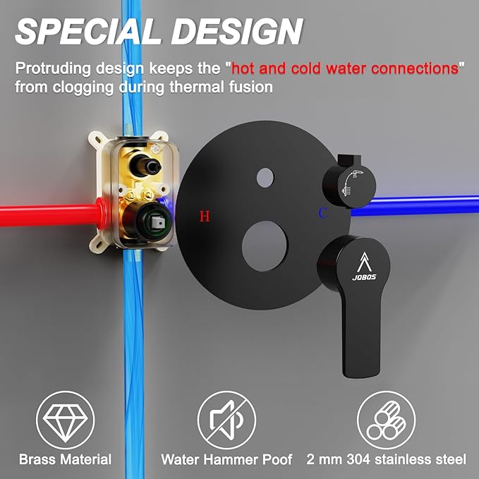 Shower Faucet Set 10IN Brass Rough-In Valve Body Trim Kit Rainfall Included Handle Accessories Complete 2 Functions with Rain Head and Handheld Bathroom Systems (10'', Matte Black)