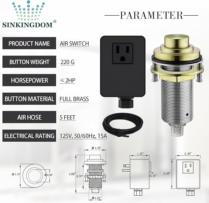 SinkTop Air Switch Kit with Brass Gold Long Button (Full Brass) for Garbage Disposal,without cabel