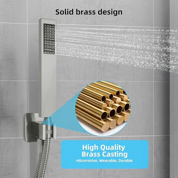 Bathroom Shower Faucet Set，12 Inch Rain Shower Head with Handheld Spray，Brass Shower Valve Trim Kit，Wall Mounted Square Rain Shower System (Brushed Nickel)
