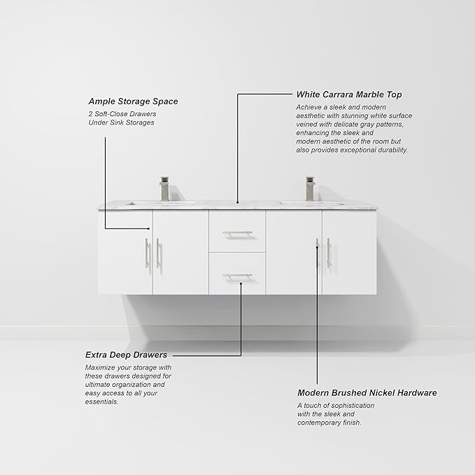 Sonoma 60 in. W x 22 in. D Glossy White Double Bath Vanity and Carrara Marble Top