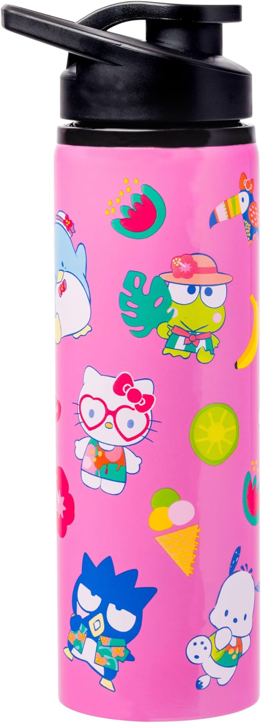 Silver Buffalo Sanrio Hello Kitty and Friends Tropical Stainless Steel Water Bottle Featuring Keroppi, Tuxedo Sam, Badtz-Maru, and Pochacco, 25 Ounces