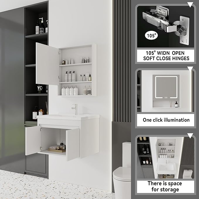 28'' Bathroom Vanity with Ceramic Sink Combo and Medicine Cabinet Mirror with Led Light/Defog, Wall Mounted Small Bathroom Vanity with Soft-Close Door Modern Floating Cabinet, White(No Faucet)