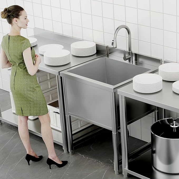 Stainless Steel Commercial Restaurant Sink, Freestanding Large Commercial Sink with Pull-out Faucet for Kitchen Dishwashing, Thawing, Pet Cleaning, Laundry Room, 23.6"D x 21.6"W x 36.8"H