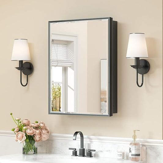 Keonjinn 21" x 27" Black Medicine Cabinet for Bathroom, Recessed or Surface Wall-Mounted Aluminum Alloy Framed Beveled Mirror with Storage, Mirrored Cabinets with 2 Adjustable Shelves for Bath Modern