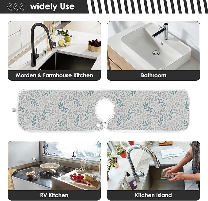 Kitchen Faucet Absorbent Mat,Green Gray Leaf Water Splash Guard for Sink, Faucet Drip Catcher Thicken Sponge Microfiber Faucet Water Catcher Mat Sink Absorbent Mat for Kitchen 30x5in 2 Pack