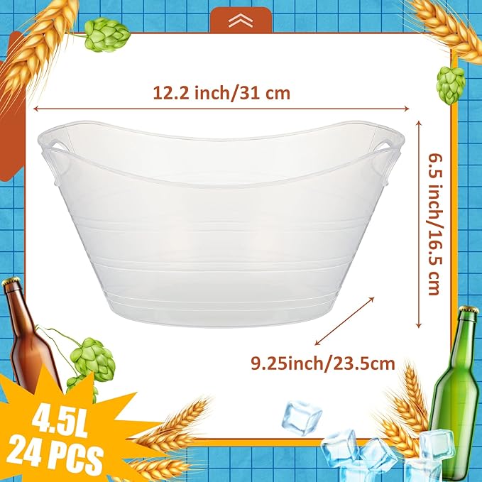 Norme 24 Pcs Oval Storage Tub with Handles, 4.5L Plastic Ice Bucket Wine Beer Champagne Bottle Drink Cooler Tub for Parties Beverage, Storage Basket (Clear)