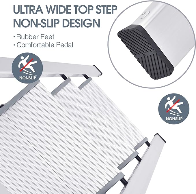 KINGRACK Aluminium 3 Step Ladder, Lightweight Step Stool with Non-Slip Pedals, Handrail, 330 LBS Foldable Step Ladder for Kitchen, Garage, Home, Space Saving, Sturdy and Portable, Silver