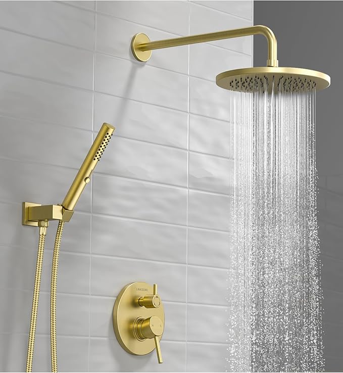 Lava Odoro Modern 2-Setting Round Rain Shower System, Gold Rainfall Shower Faucet Set Rain Shower Head and Handle Set, Shower Valve Trim Kit, 10 Inch, Brushed Gold, SF104-SG