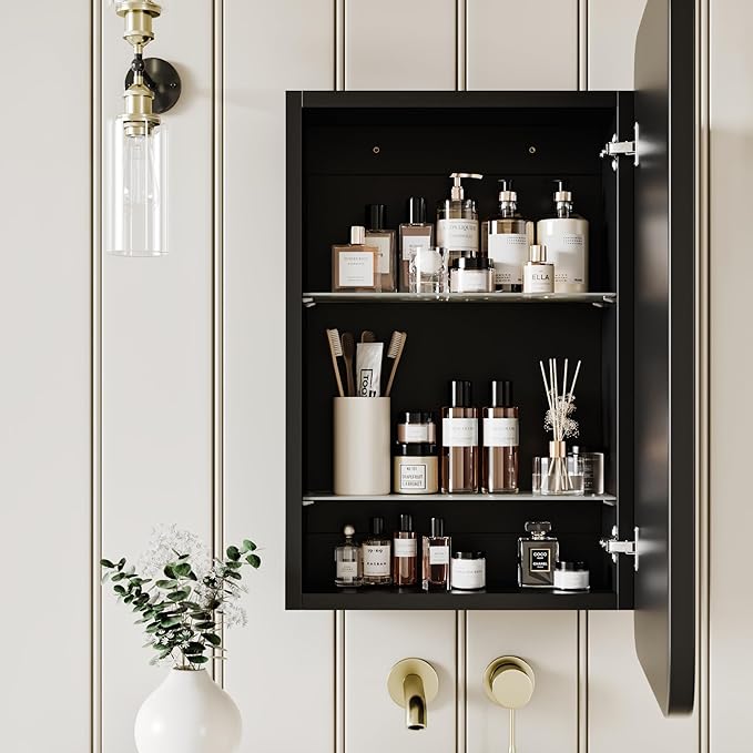 Vintage-Style Bathroom Wood Black Cabinet with 16.5''x24'' Black Metal Frame Curved Mirror, Recessed Medicine Cabinet, Bathroom Storage Cabinet