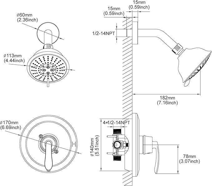 PARLOS Shower Faucet with Valve, Single-Handle Shower Trim Kit with 5-Spray Touch-Clean Shower Head, Wall Mounted Shower Faucets Sets Complete, 1436704