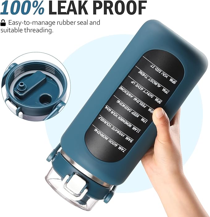 BLUEGO 64oz Insulated Water Bottle with Straw and Handle Leakproof Half Gallon Wide Mouth Motivational Water Bottle, 2-IN-1 Straw Spout Lid Stainless Steel Water Jug for Sport Travel Gym-Dark Blue