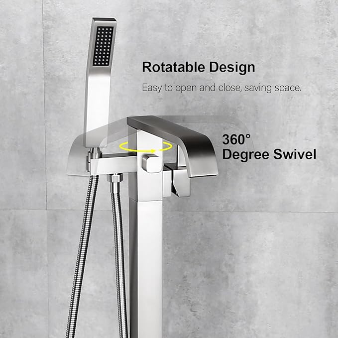 BAGNOLUX Solid Brass Floor Mount Bathtub Faucet Free Standing Tub Faucet Freestanding Tub Filler Brushed Nickel High Flow Rate Swivel Spout with Hand Shower, ‎YGSLT-FANG-BRUSHED NICKEL