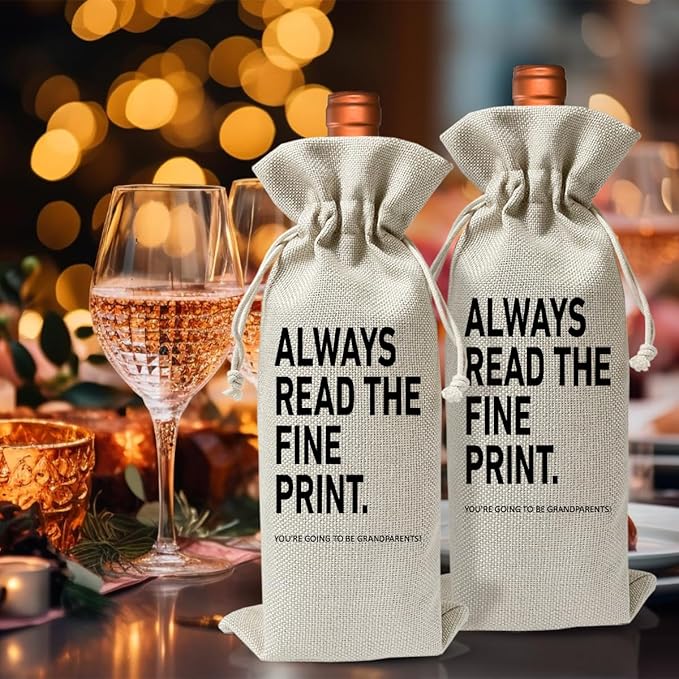 Grandparent To Be Gift Wine Bag, Always Read The Fine Print, Promoted to New Grandparent Gift, Baby Announcement Gift, Becoming A Grandparent, Baby Shower or Party Favor, Baby Pregnancy Reveal Gift