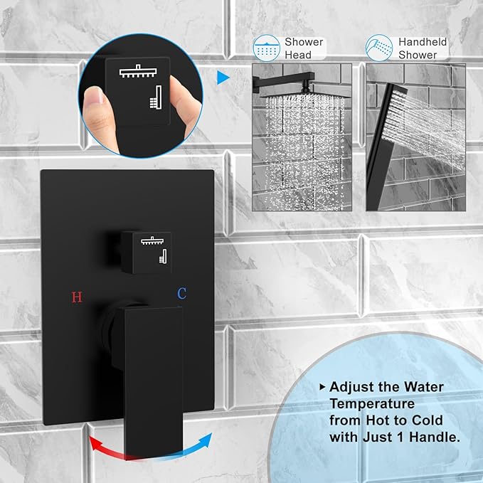 EMBATHER Black Shower System Sets Faucet - 10 Inch Overhead Rainhead Shower Combo Set with Handheld and Valve - Luxury Rain Mixer Rainfall Black Shower Faucets Sets Complete