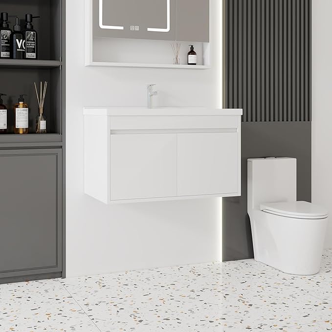 32'' Bathroom Vanity with Ceramic Sink Combo, Wall Mounted Small Bathroom Vanity with Soft-Close Door Modern Floating Cabinet, Pop-up Drain, P-Trap Included, White(No Faucet)