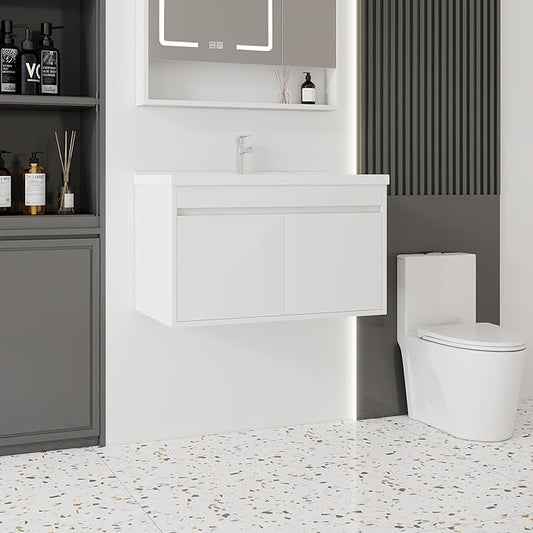 32'' Bathroom Vanity with Ceramic Sink Combo, Wall Mounted Small Bathroom Vanity with Soft-Close Door Modern Floating Cabinet, Pop-up Drain, P-Trap Included, White(No Faucet)