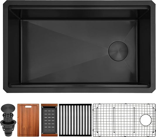 Black Undermount Kitchen Sink,16 Gauge Stainless Steel Sinks,Single Bowl Workstation Sink,Modern Kitchen Sink Offset Drain (30" X 18")