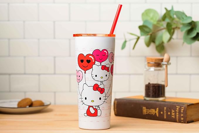 Silver Buffalo Hello Kitty Heart Balloons Double Walled Stainless Steel Tumbler with Straw, 22 Ounces