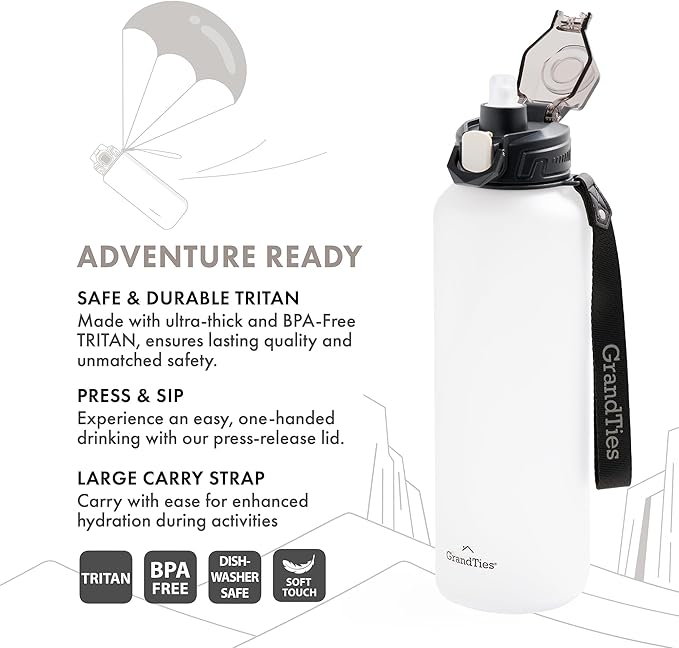 GRANDTIES Sports Tritan Plastic Water Bottle with Straw, Removable – Leakproof BPA Free Dishwasher Safe Travel Water Bottle with Strap for Gym, Outdoor, Fitness (Frosted Snowy White, 52oz (1.5L))