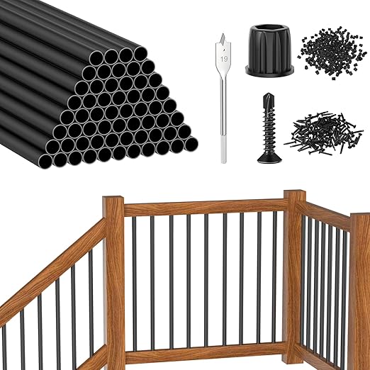 CKE 60 Pack 26" Round Aluminum Deck Balusters, 3/4" Diameter Hollow Round Black Aluminum Balusters for Deck Railing, Metal Deck Baluster Staircase Spindles with Screws/Conector for Railing Fencing R26